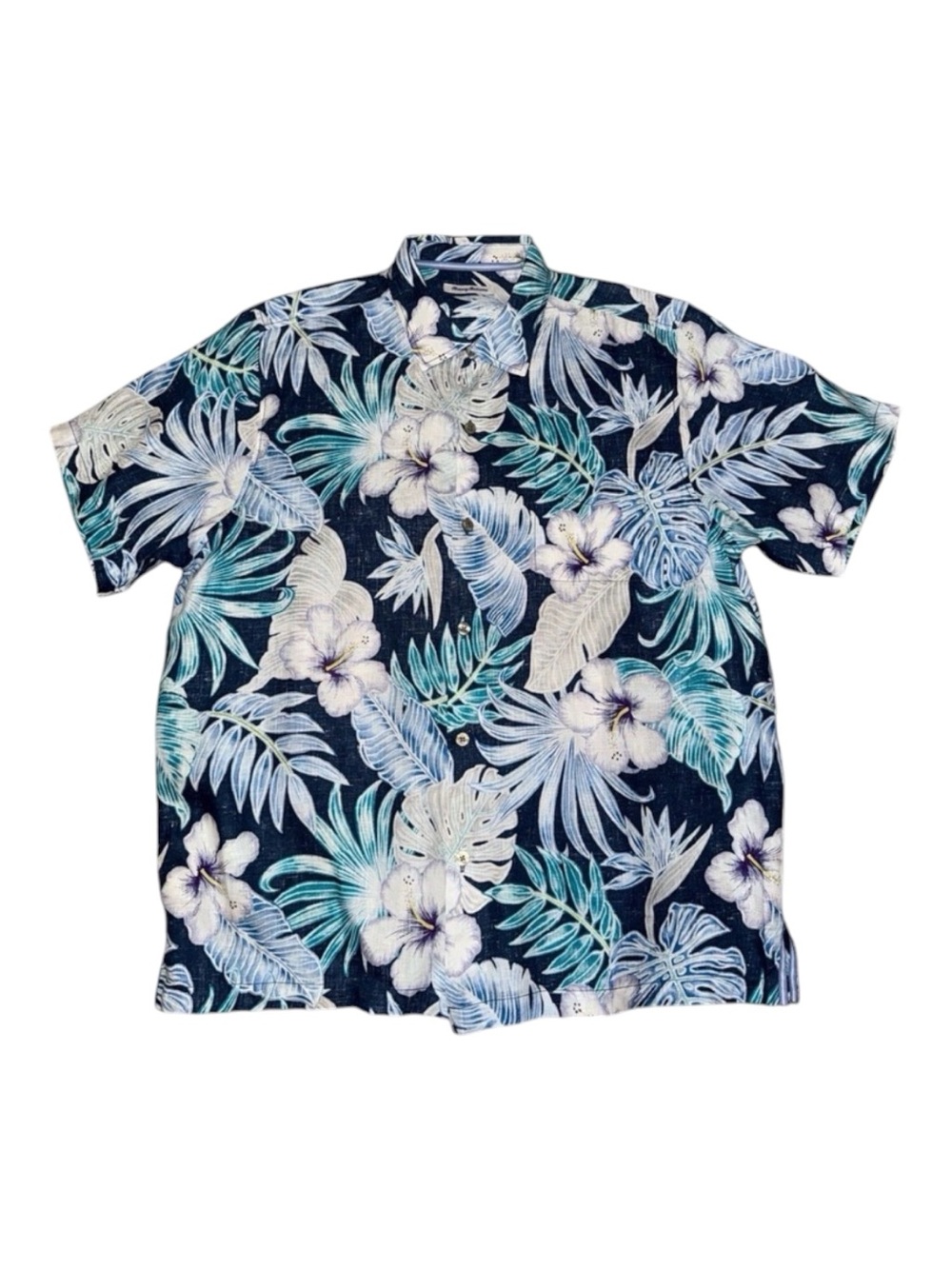 Tommy‎ Bahama Mens XL Hawaiian Shirt Floral Linen Contrast Print Hibiscus Aloha